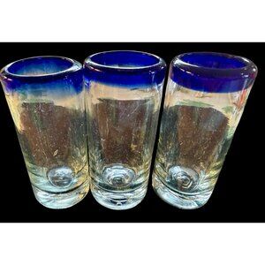 3 Mexican Hand Blown Shot Glass Blue Rim 4”